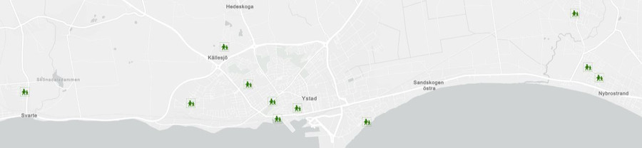 Karta över tillgängliga lekplatser i Ystads kommun. Klicka för att öppna kartan!