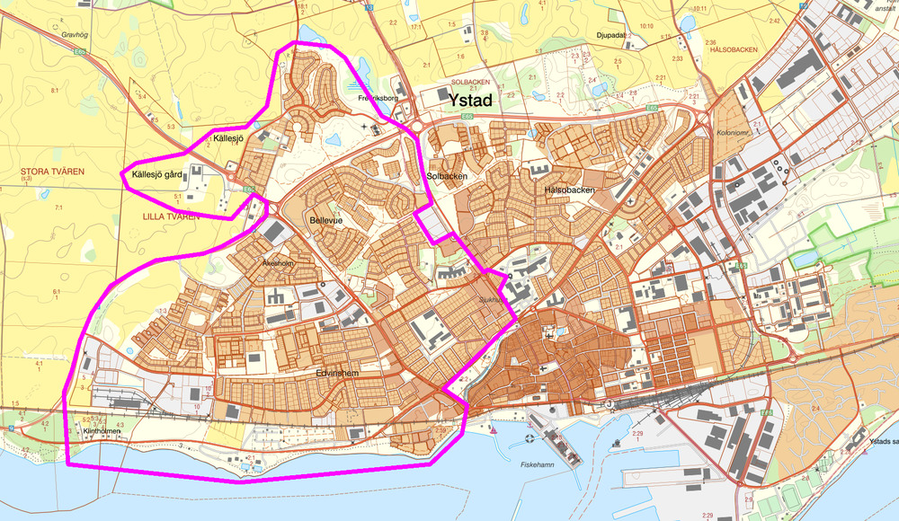 Karta över Ystad. Spolningen kommer ske inom den rosa markeringen. Klicka för att förstora.