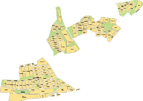 Karta med kvartersnamnen inom Edvinshem, Solbacken och Hälsobacken
